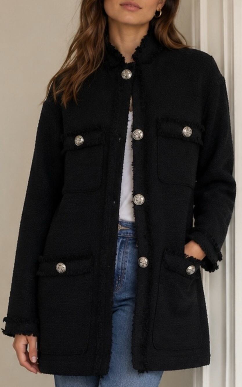 H&M Black Textured Shacket Jacket Women S Small Button Up Trench Coat Utility